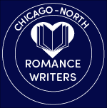 White text on a blue background that says Chicago- north romance writers inside two circles along with a white heart with a blue book open on top